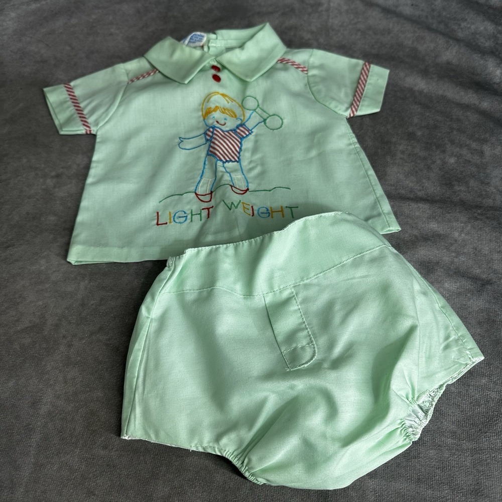 Mayfair Vintage Baby Outfit 2 Piece Mint Green Sz 12-18m  Embroidered